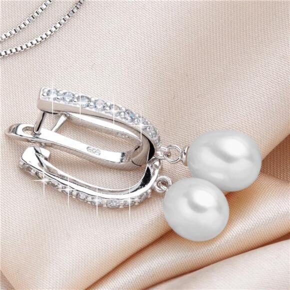Minimalist Fresh Water Pearl Jewelry Set For with Cubic Zirconia Pendant Set - Picture 6 of 7